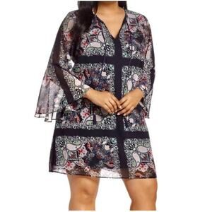 Vince Camuto Blue Floral Print Bell Sleeve Chiffon Shift Mini Dress Size 4